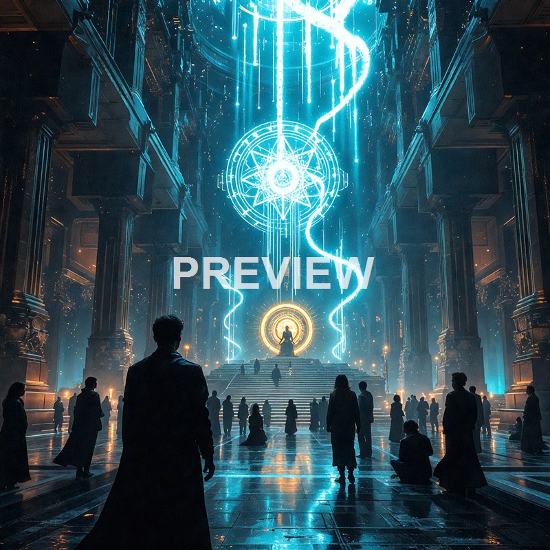 A grand, futuristic hall with tall columns and a high ceiling, illuminated by glowing blue and gold mystical symbols, where numerous silhouetted figures are gathered around a central figure seated on stairs, with lightning and energy emanating from the symbols above.